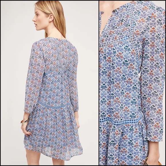 Anthro Holding Horses Crochet Lace Blue Floral Peasant Swing Baby Doll Dress - Picture 2 of 10